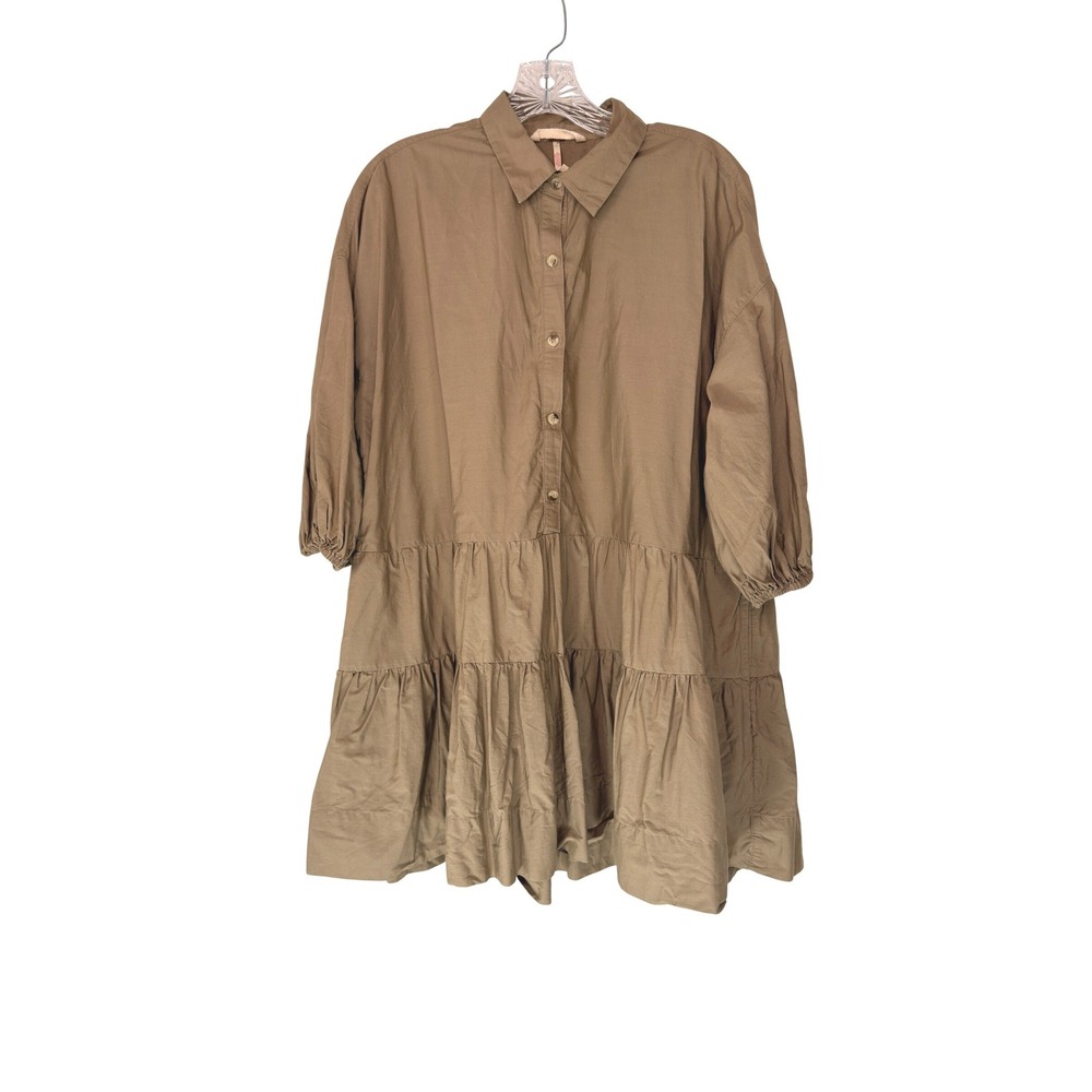 Free People Misha Baby Doll‎ Tiered Mini Shirt Dress Tan Oversized Cotton XS